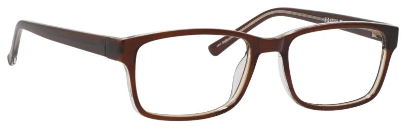 A pair of glasses is shown with brown frames.