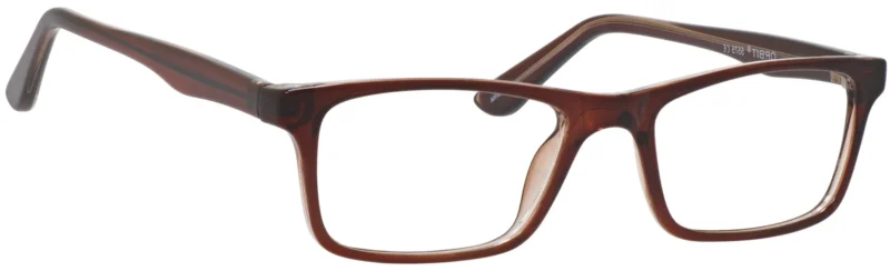 A pair of glasses is shown with the frame slightly bent.