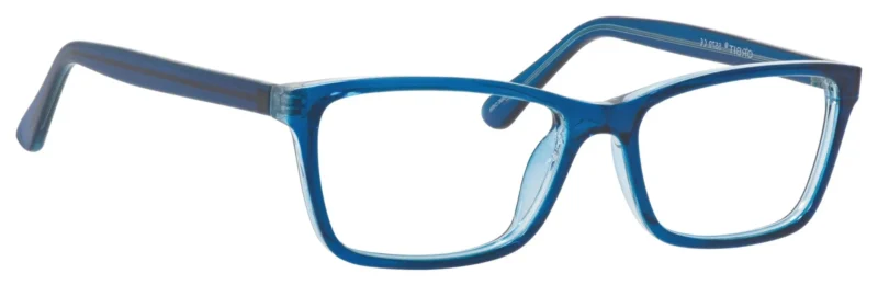 A pair of blue glasses with a black rim.