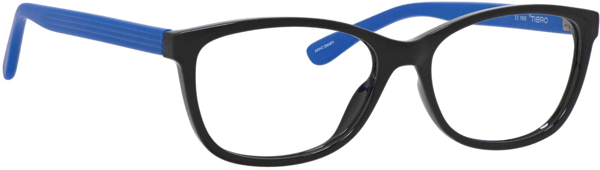 A pair of glasses with blue handles on top.