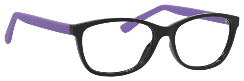 A pair of glasses with purple tips on the side.