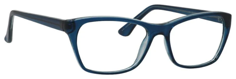 A pair of blue glasses with a black rim.