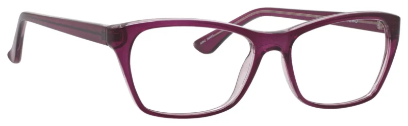 A pair of glasses is shown with purple frames.