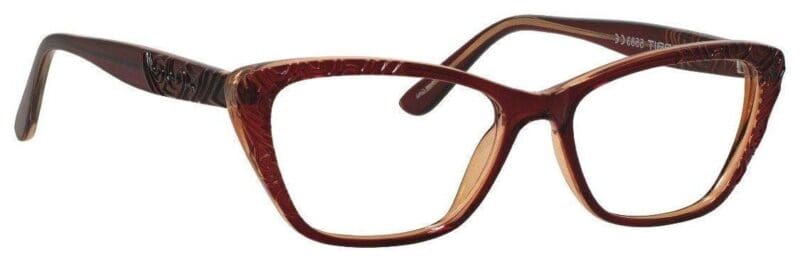 A pair of glasses is shown with the frame slightly bent.