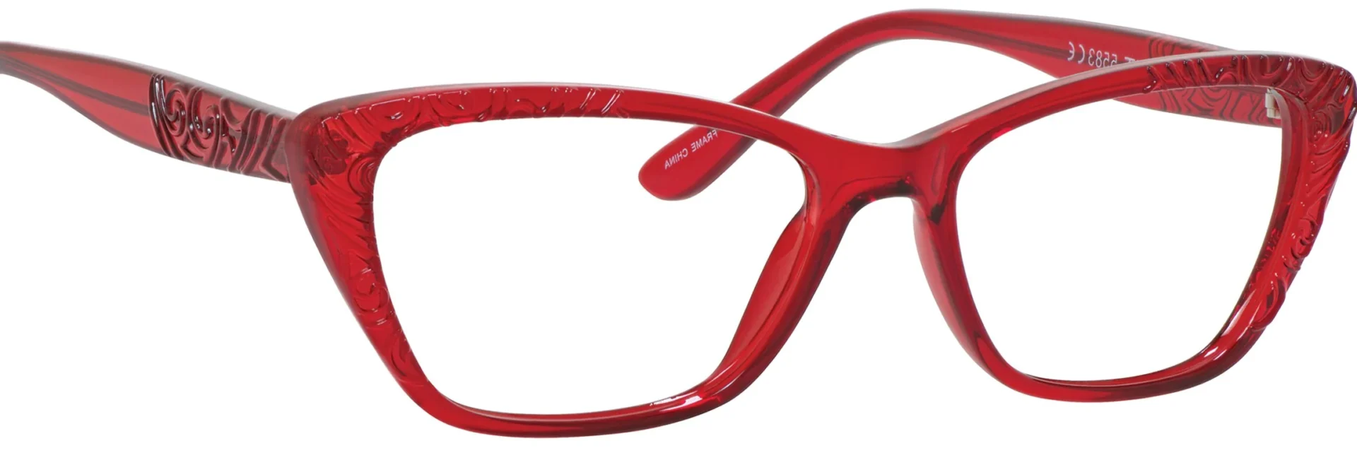 A pair of red glasses is shown.