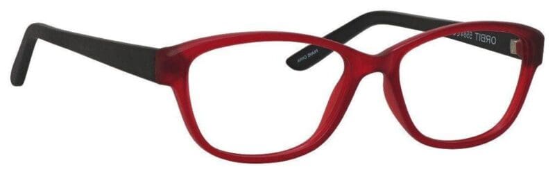 A pair of red glasses with black tips.