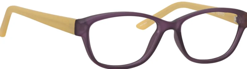 A pair of purple glasses with yellow tips.