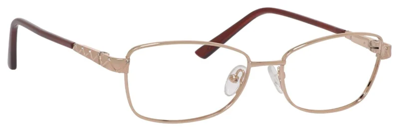 A pair of glasses with brown frames and red tips.