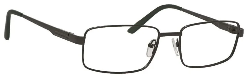 A pair of glasses with black frames and a silver hook.