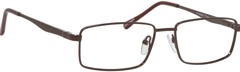 A pair of glasses with brown frames and red tips.