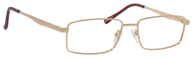 A pair of glasses with gold frames and red temples.