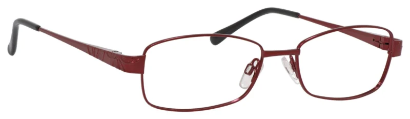 A pair of glasses with red frames and black tips.