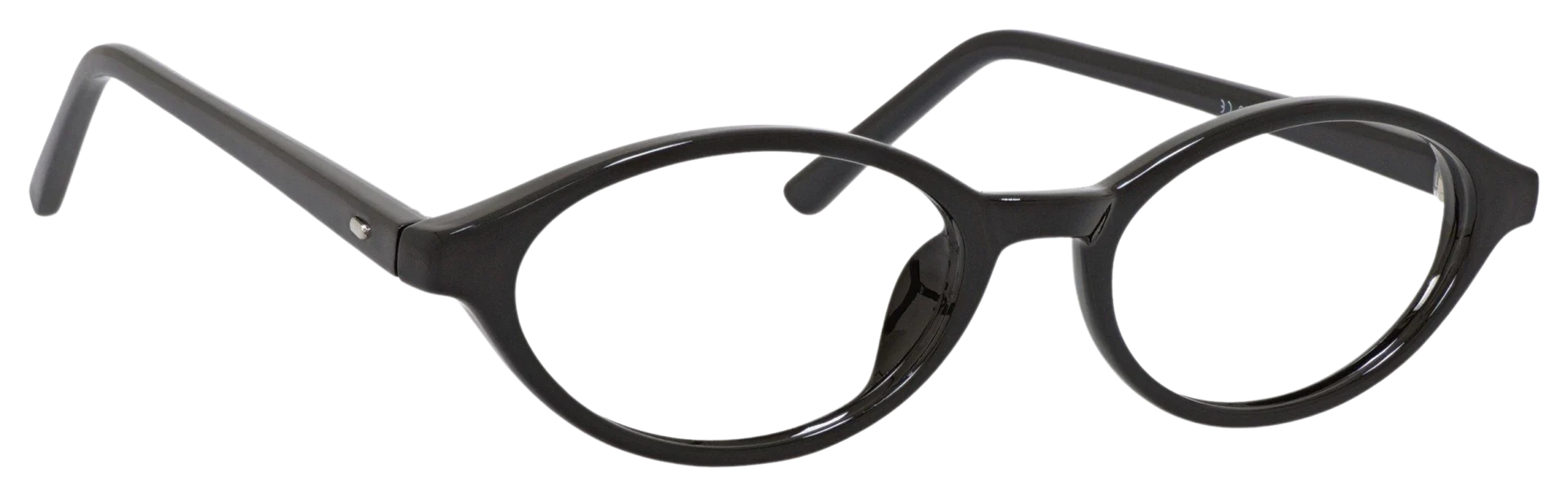 A pair of glasses with a black frame and a white rim.