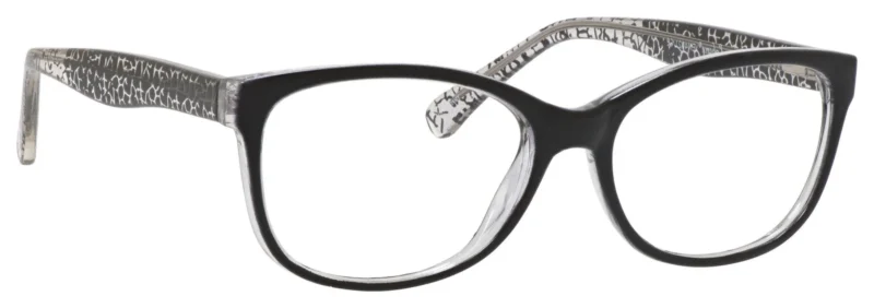 A pair of glasses is shown with the same pattern as the frame.