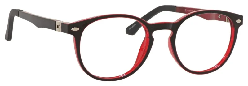 A pair of glasses is shown with red frames.