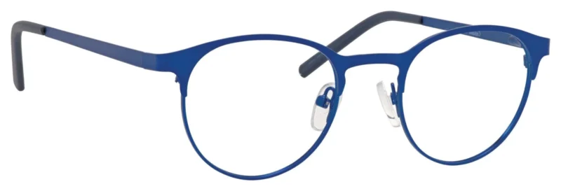 A pair of blue glasses with black rims.