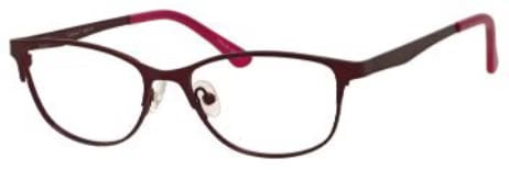 A pair of glasses is shown with red frames.