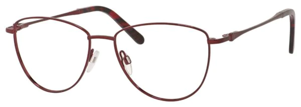 A pair of glasses is shown with red frames.