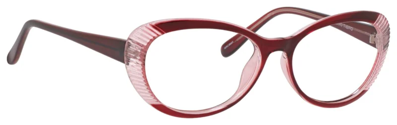 A pair of red glasses with a pink rim.