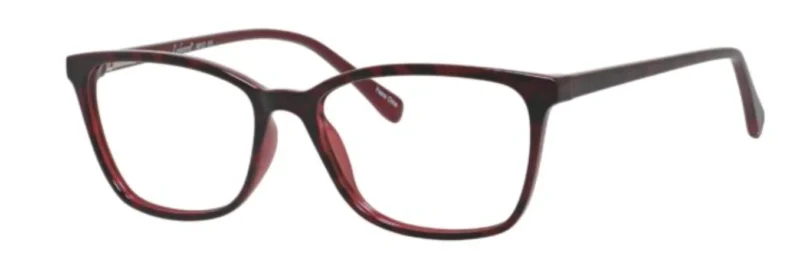 A pair of glasses is shown with red frames.