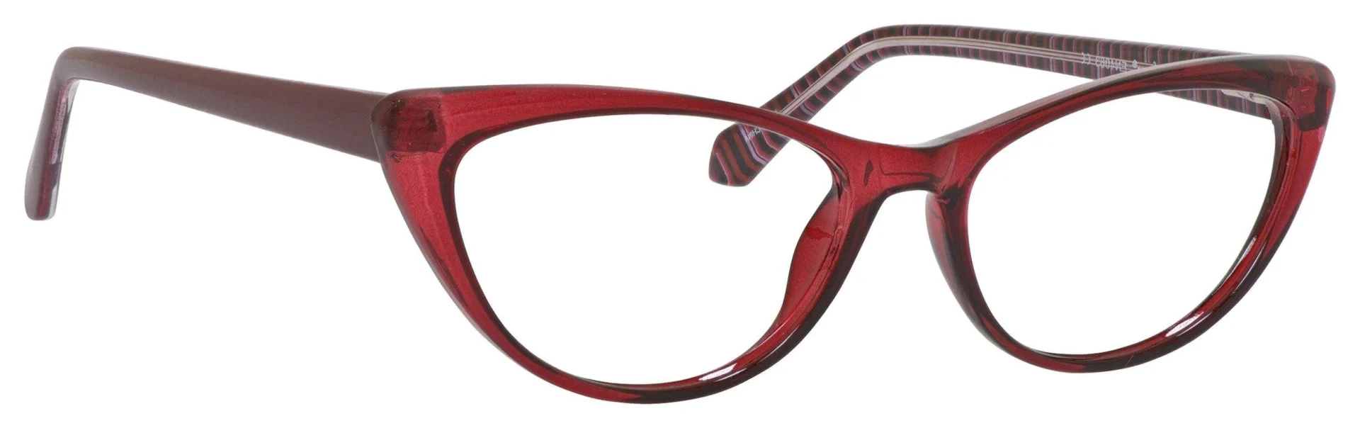 A pair of red glasses with a striped pattern on the side.