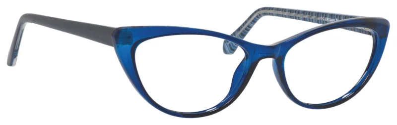 A pair of blue glasses with a pattern on the side.