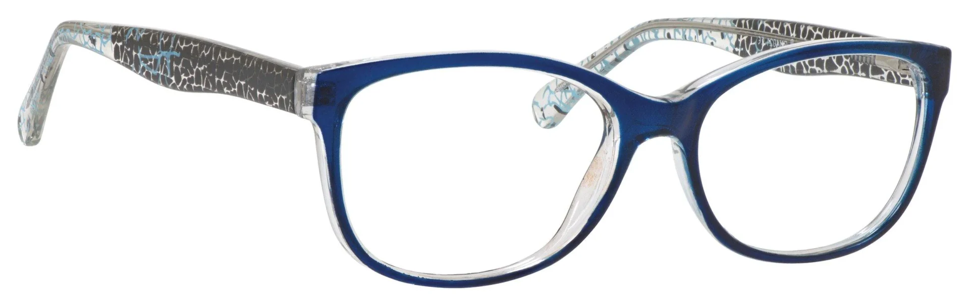 A pair of glasses is shown with blue frames.