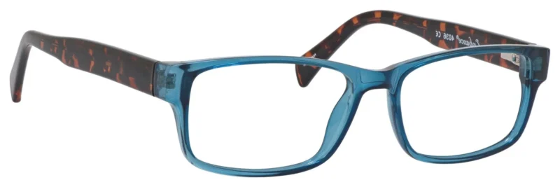 A pair of blue glasses with brown frames.