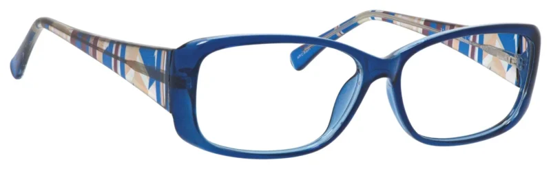 A pair of blue glasses with yellow stripes on the side.