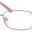 A pair of glasses is shown with pink frames.