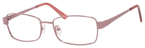 A pair of glasses is shown with pink frames.