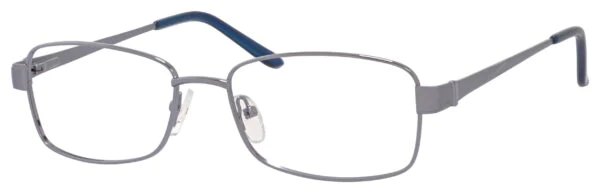 A pair of glasses is shown with blue frames.