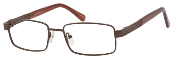 A pair of glasses is shown with brown frames.