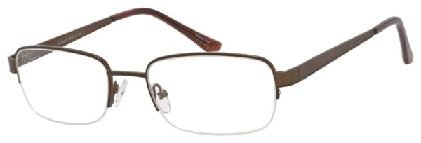 A pair of glasses with brown frames and clear lenses.