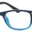 A pair of blue glasses with black temples.