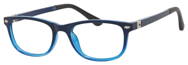 A pair of blue glasses with black temples.