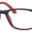 A pair of glasses is shown with red frames.