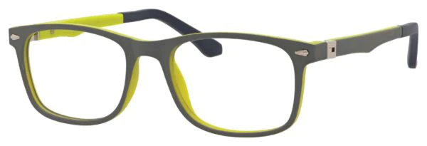 A pair of glasses is shown with yellow frames.