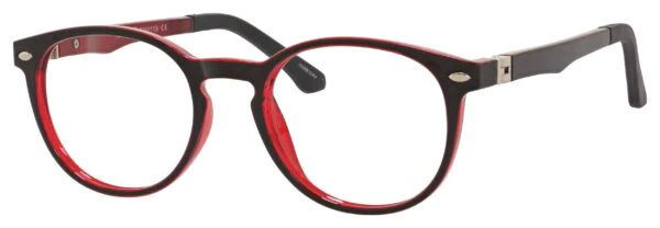 A pair of glasses is shown with red frames.