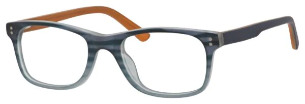 A pair of glasses is shown with orange frames.