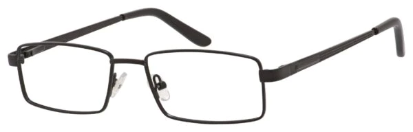 A pair of glasses with black frames and clear lenses.