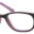 A pair of glasses is shown with pink frames.