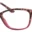 A pair of glasses is shown with pink frames.