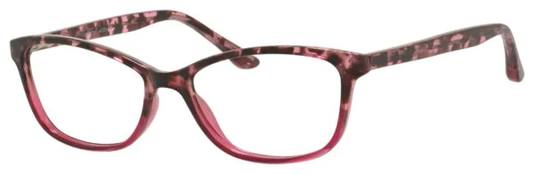 A pair of glasses is shown with pink frames.