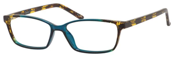 A pair of glasses is shown with the frame in blue.