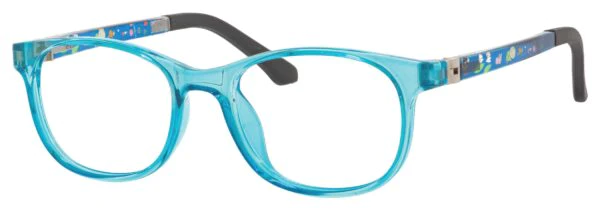 A pair of blue glasses with black temples.