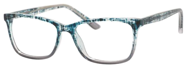 A pair of glasses is shown with blue and white patterns.