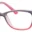 A pair of glasses is shown with pink frames.