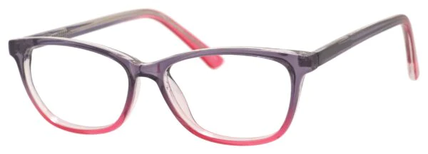 A pair of glasses is shown with pink frames.