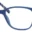 A pair of blue glasses with a pattern on the side.